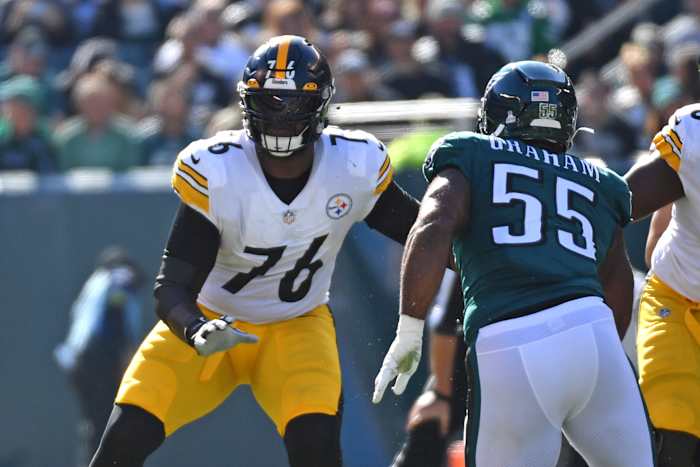 Oct 30, 2022; Philadelphia, Pennsylvania, USA; Pittsburgh Steelers offensive tackle Chukwuma Okorafor (76) blocks Philadelphia Eagles defensive end Brandon Graham (55) at Lincoln Financial Field.
